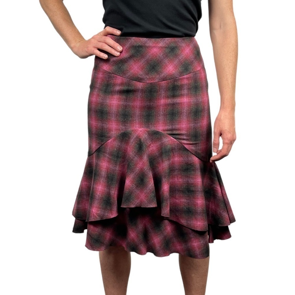 TRINA TURK TARTAN PLAID WOOL BLEND MERMAID RUFFLE TIERED SKIRT